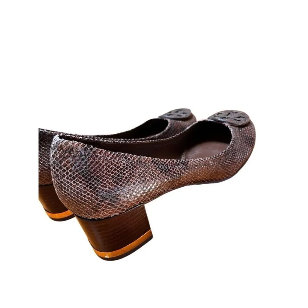 NWOB Tory Burch Amy Brown Snake Skin Leather Block Low Heels 10.5 US